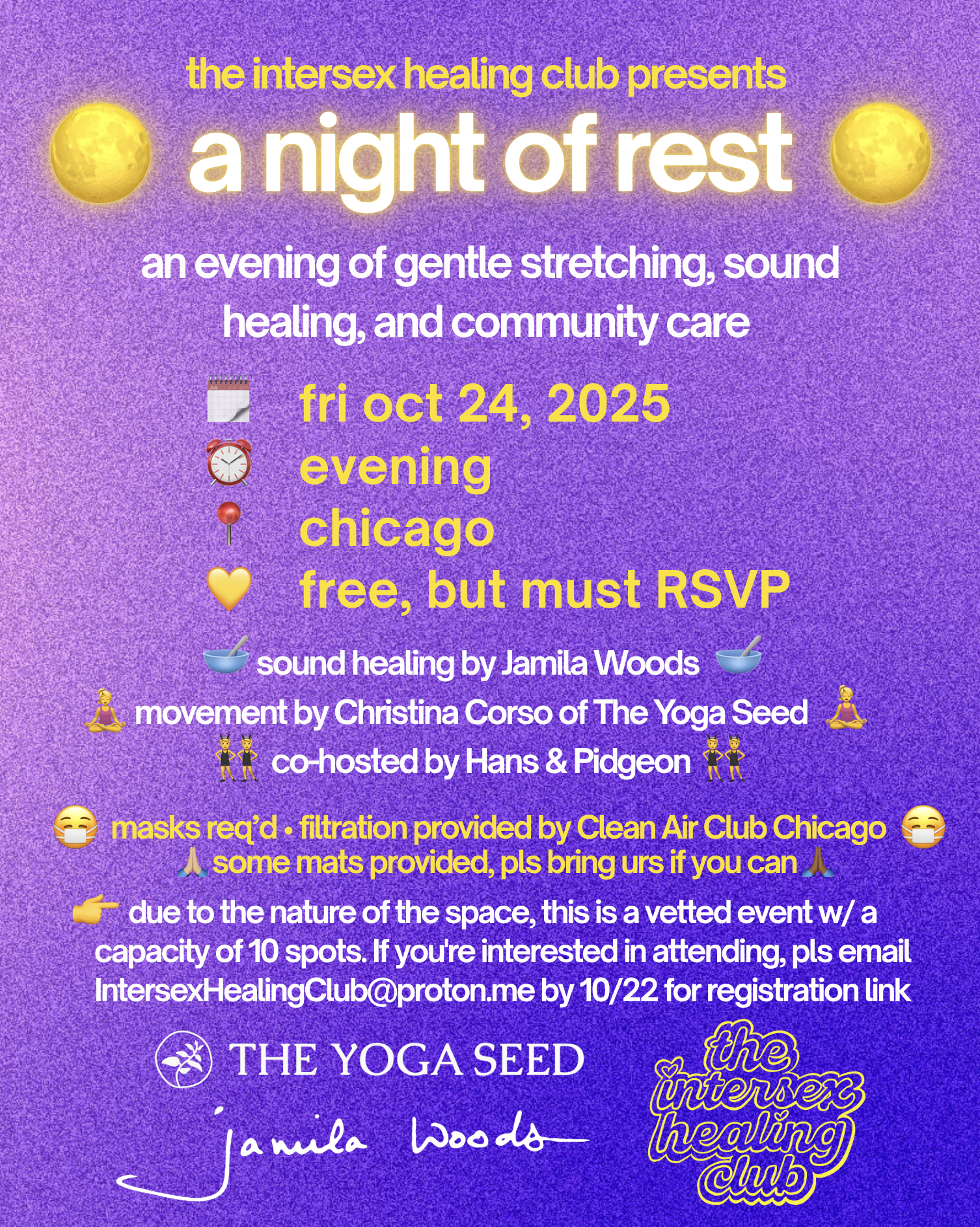 Flyer for 'a night of rest' — an evening of gentle stretching, sound healing, and community care in Chicago on October 24, 2025.
